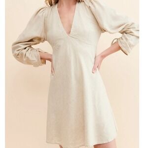 R.G. Kane Janus‎ Tencel Linen Ruched Sleeve V-Neck Mini Dress Large Tan USA